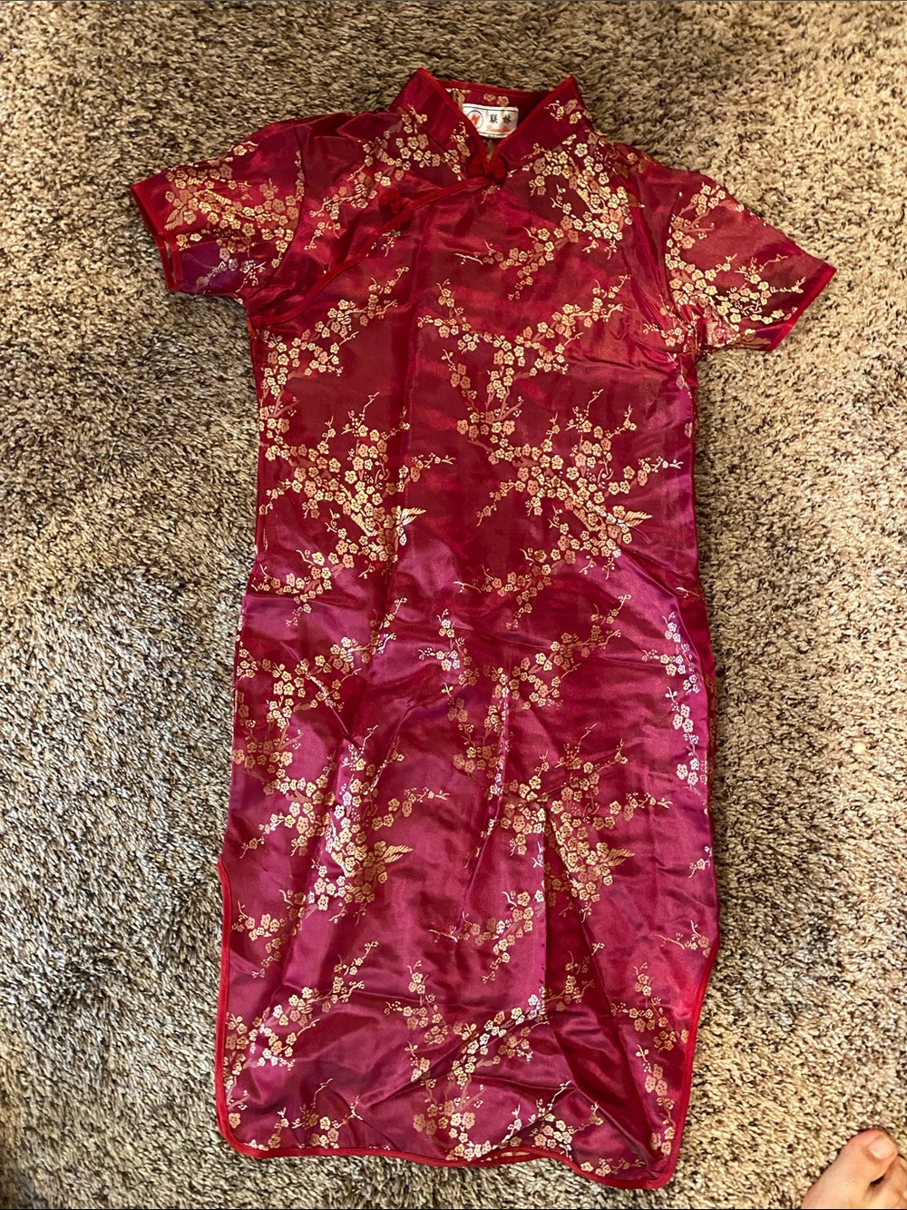 Girls' Traditional Red Satin Floral Dress with Gold Accents